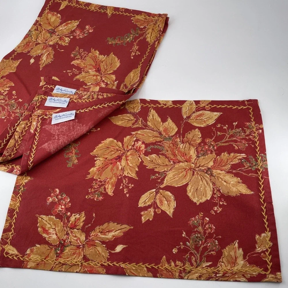 April Cornell 4 Placemats Fall Leaf Berries Pattern Red Gold Orange 13.5 x 18.5